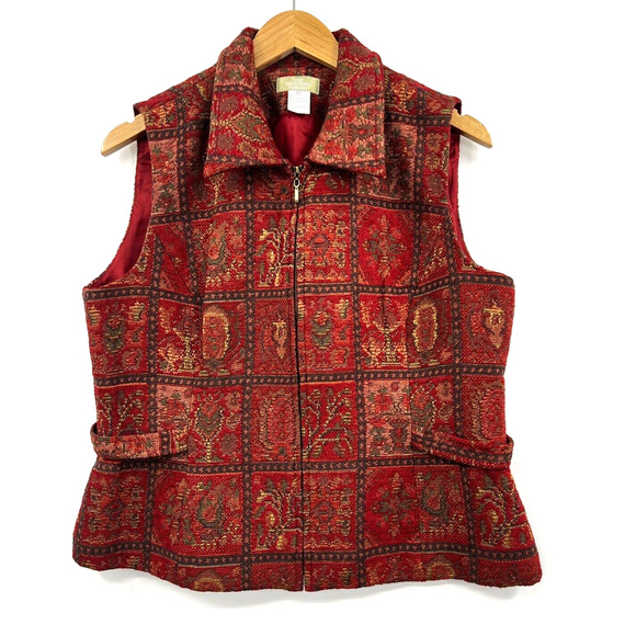 The Territory Ahead Red Print Tapestry Vest Zip Front Side Tabs Lined Size 14 - Picture 1 of 8